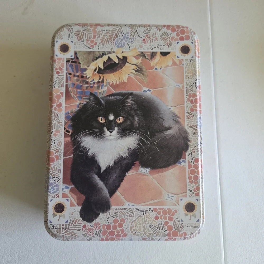 Vintage Vivian Boswell Long Hair Black White Cat Metal Tin Brushcreek Creative